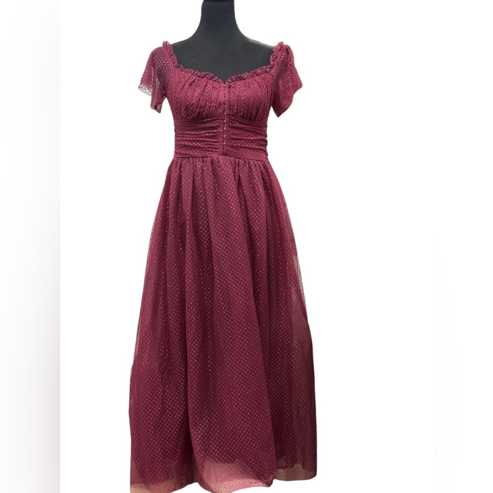 Lulus Sweet Amour Burgundy Tulle Swiss Dot Tiered Bustier  Midi Dress Size Large - Picture 6 of 13
